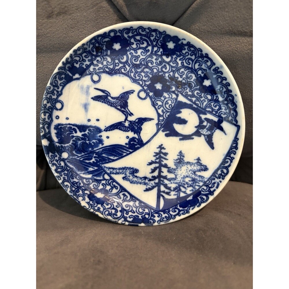 Antique Blue and White Transferware Cranes Scrolls Chinoiserie Decorative Plate